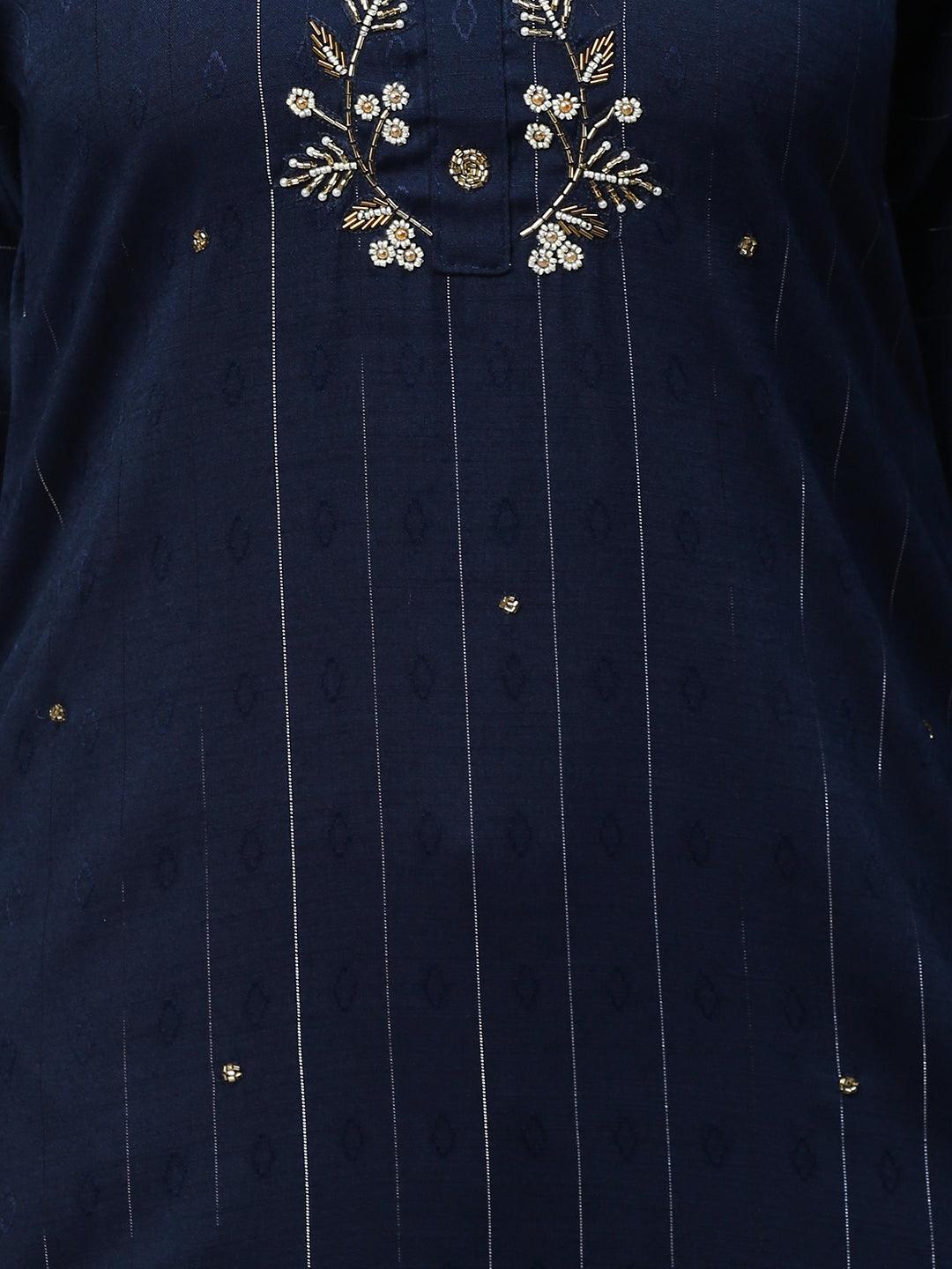 Floral Embroidered Lurex Stripes Kurta with Dupatta - Navy Blue - Indiakreations