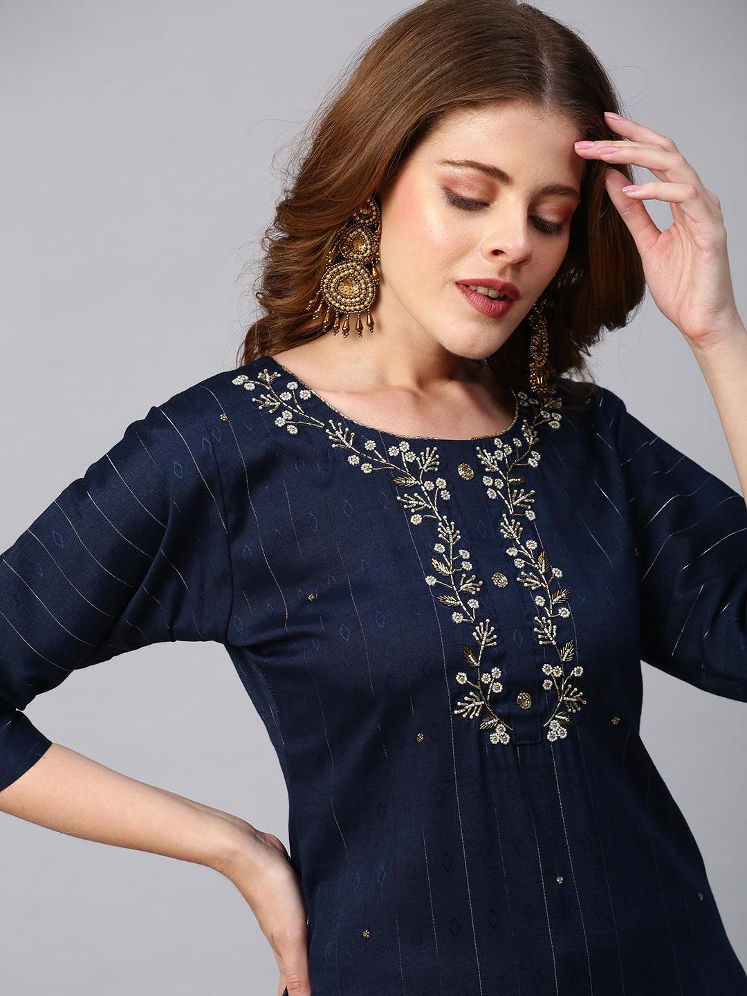 Floral Embroidered Lurex Stripes Kurta with Dupatta - Navy Blue - Indiakreations