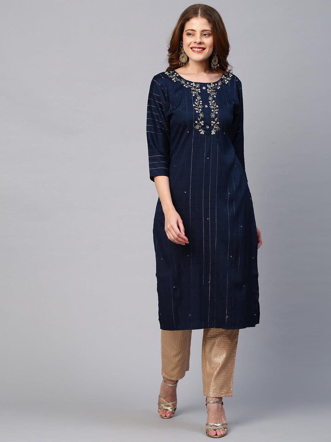 Floral Embroidered Lurex Stripes Kurta with Dupatta - Navy Blue - Indiakreations