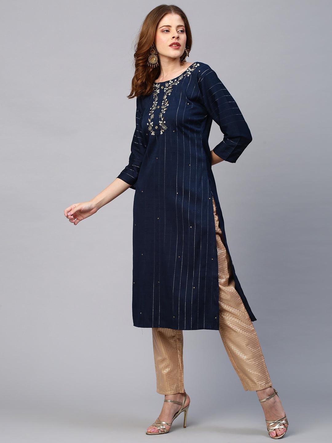 Floral Embroidered Lurex Stripes Kurta with Dupatta - Navy Blue - Indiakreations