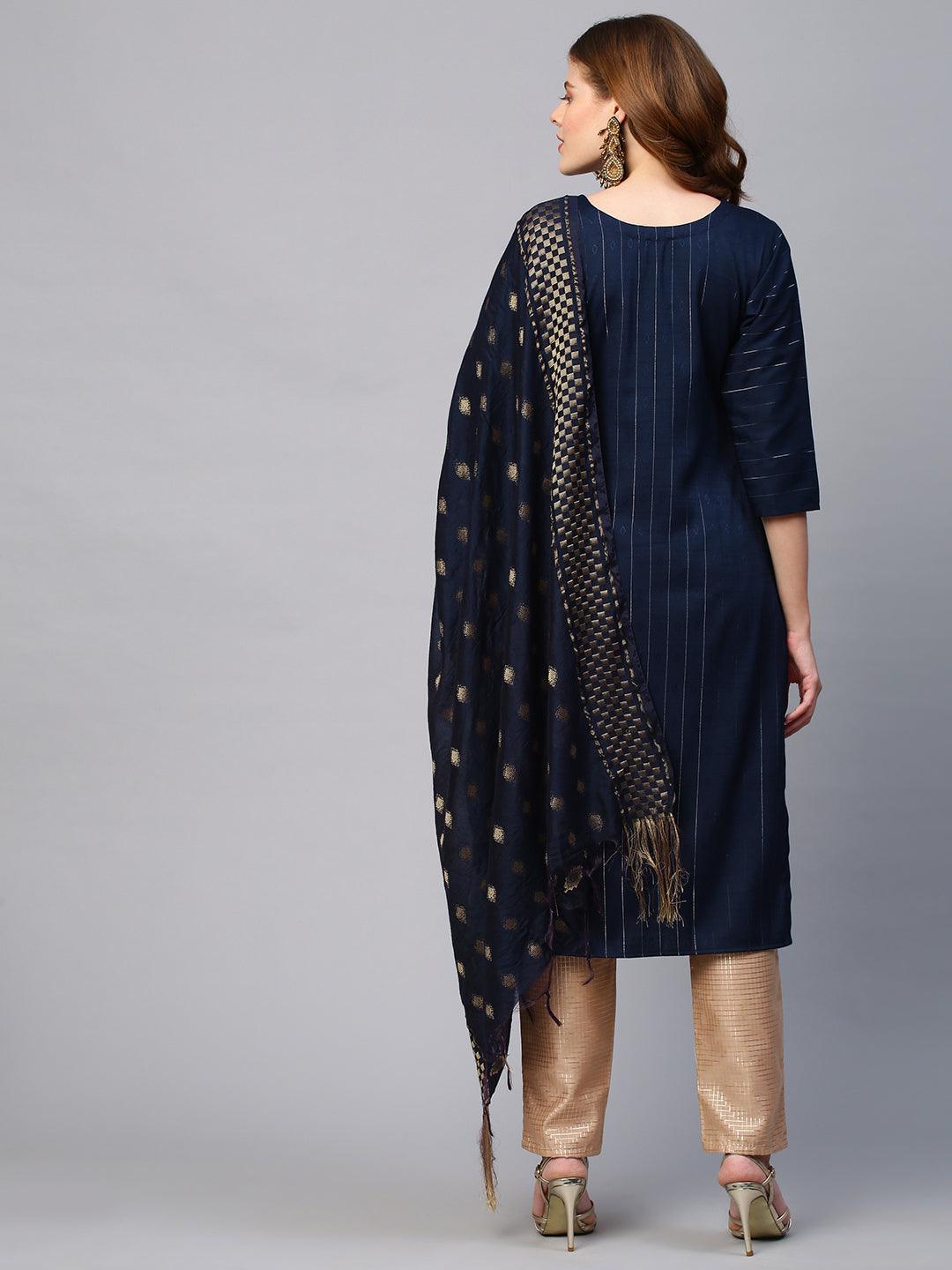 Floral Embroidered Lurex Stripes Kurta with Dupatta - Navy Blue - Indiakreations