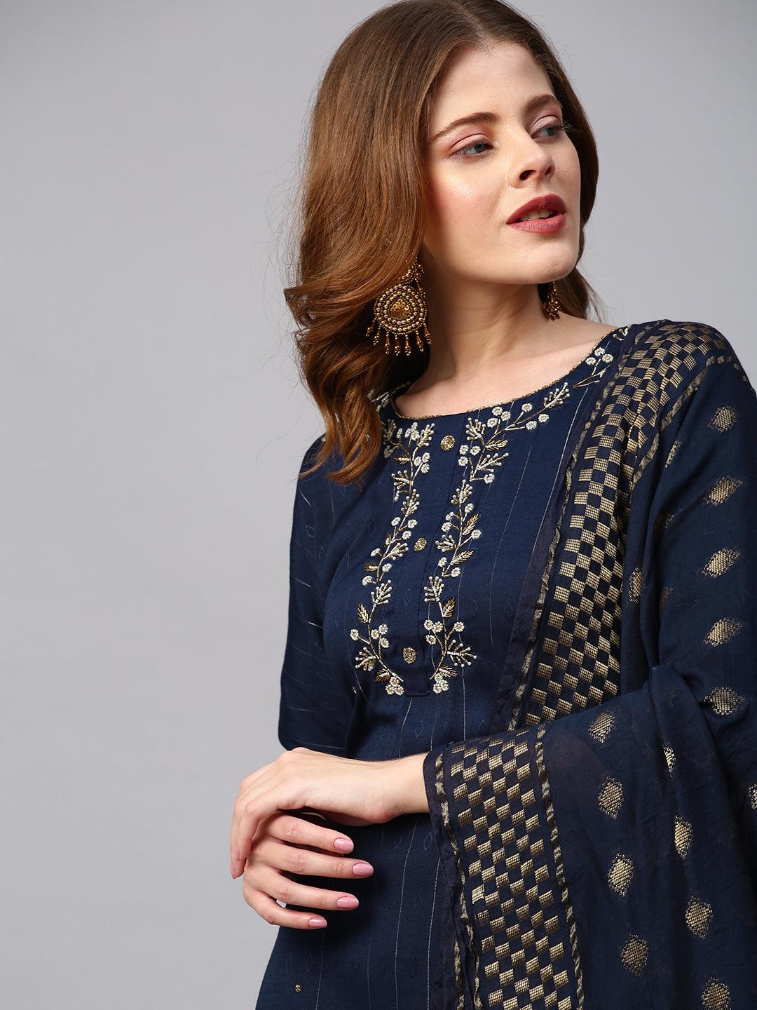 Floral Embroidered Lurex Stripes Kurta with Dupatta - Navy Blue - Indiakreations