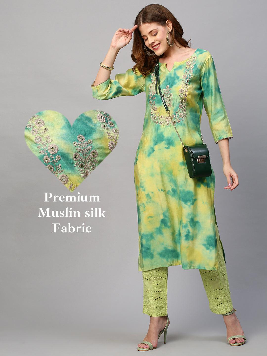 Tie - Dye Printed & Embroidered Straight Fit Kurta - Lemon Yellow - Indiakreations