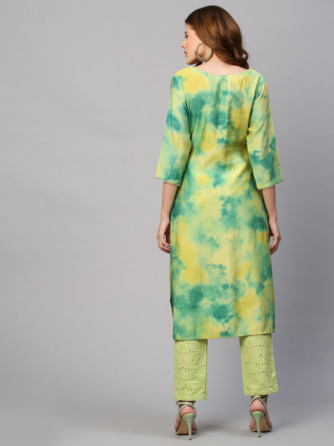 Tie - Dye Printed & Embroidered Straight Fit Kurta - Lemon Yellow - Indiakreations