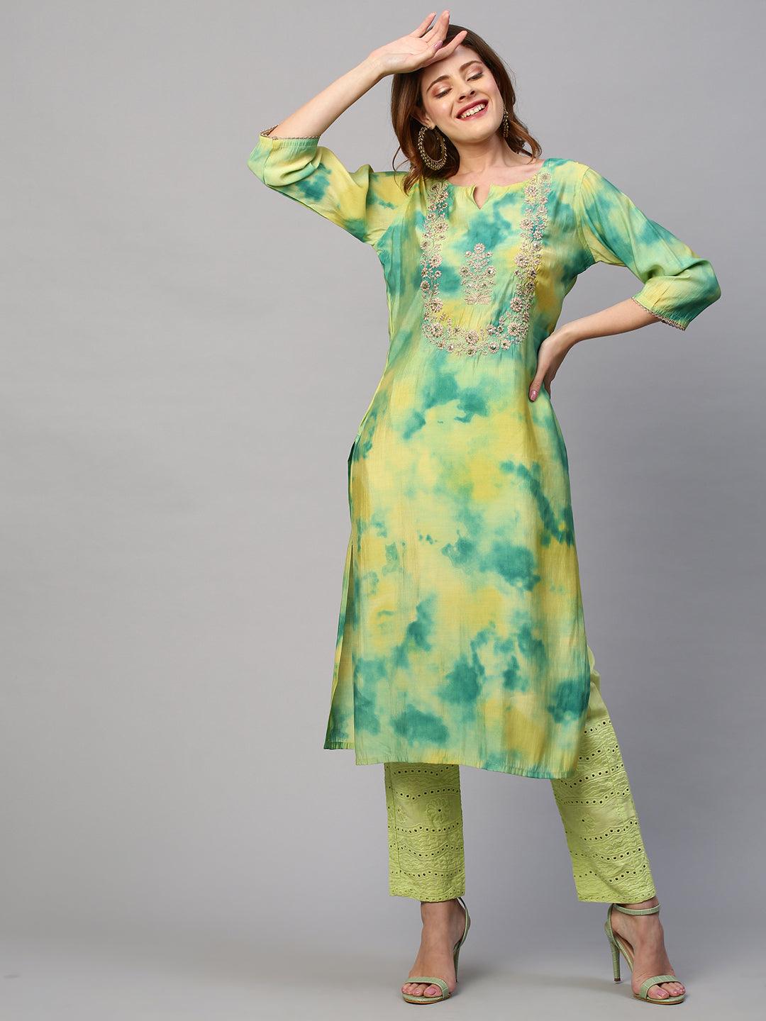 Tie - Dye Printed & Embroidered Straight Fit Kurta - Lemon Yellow - Indiakreations