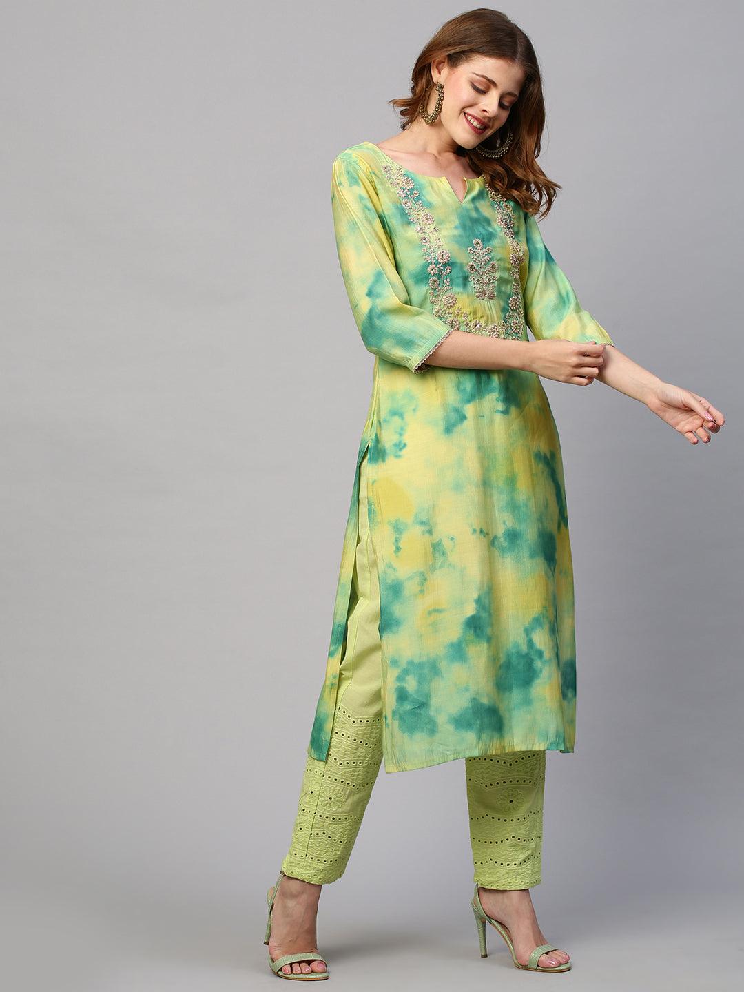 Tie - Dye Printed & Embroidered Straight Fit Kurta - Lemon Yellow - Indiakreations