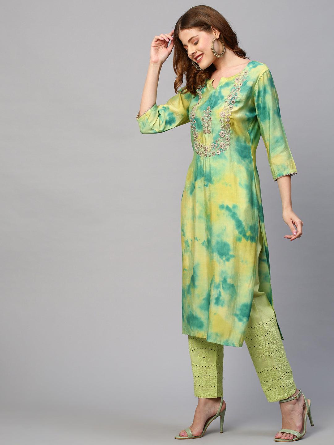 Tie - Dye Printed & Embroidered Straight Fit Kurta - Lemon Yellow - Indiakreations