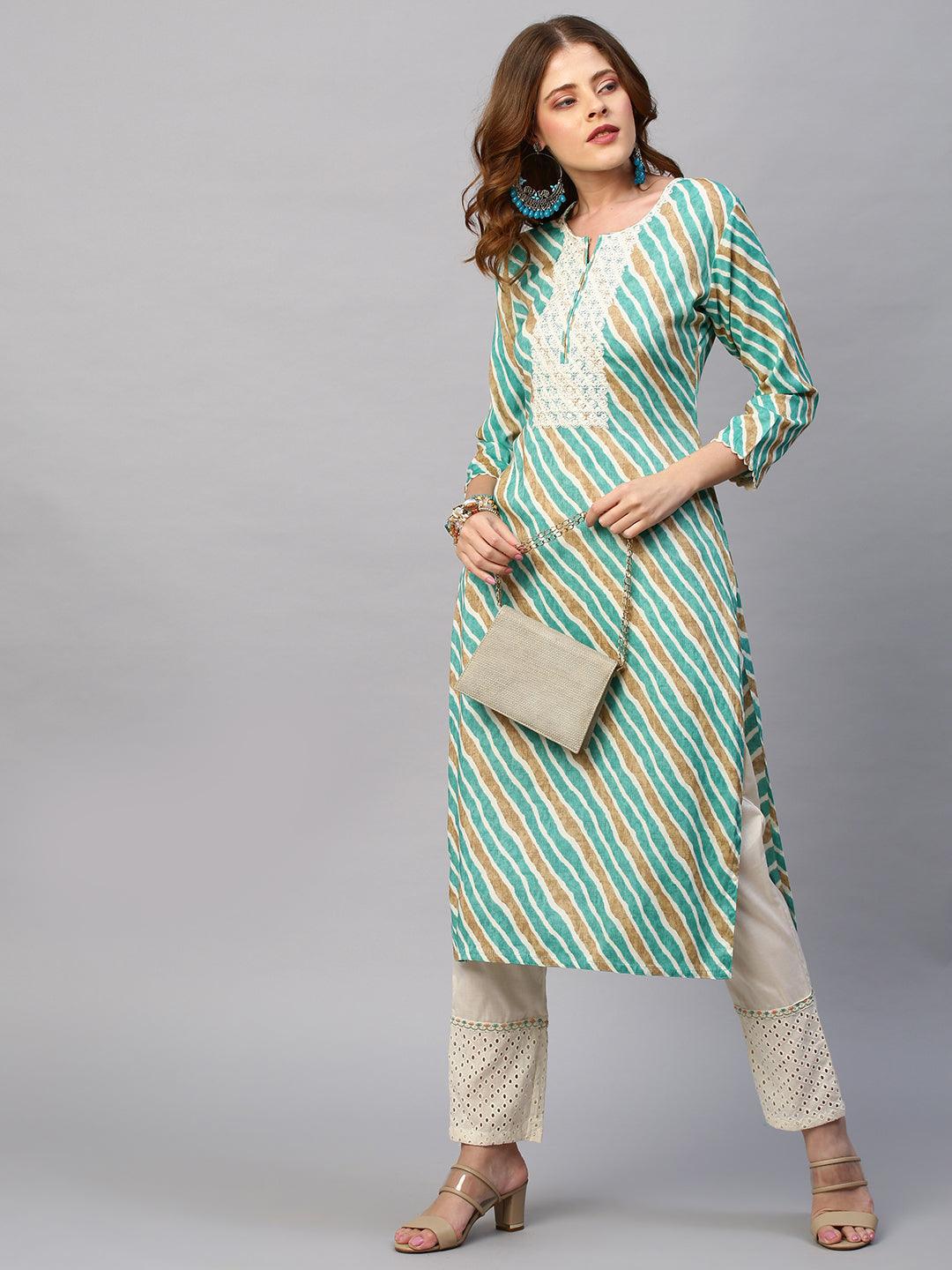 Leheriya Printed & Embroidered Straight Fit Kurta - Green - Indiakreations