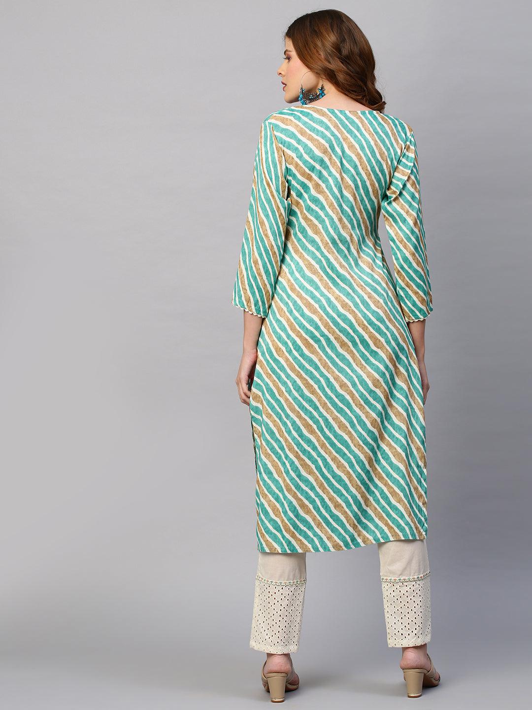 Leheriya Printed & Embroidered Straight Fit Kurta - Green - Indiakreations