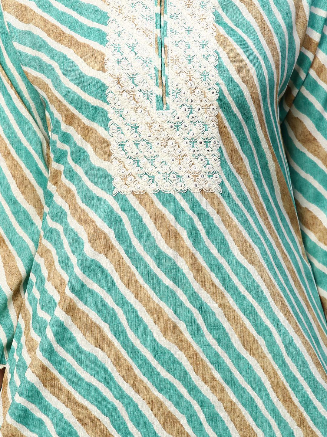 Leheriya Printed & Embroidered Straight Fit Kurta - Green - Indiakreations