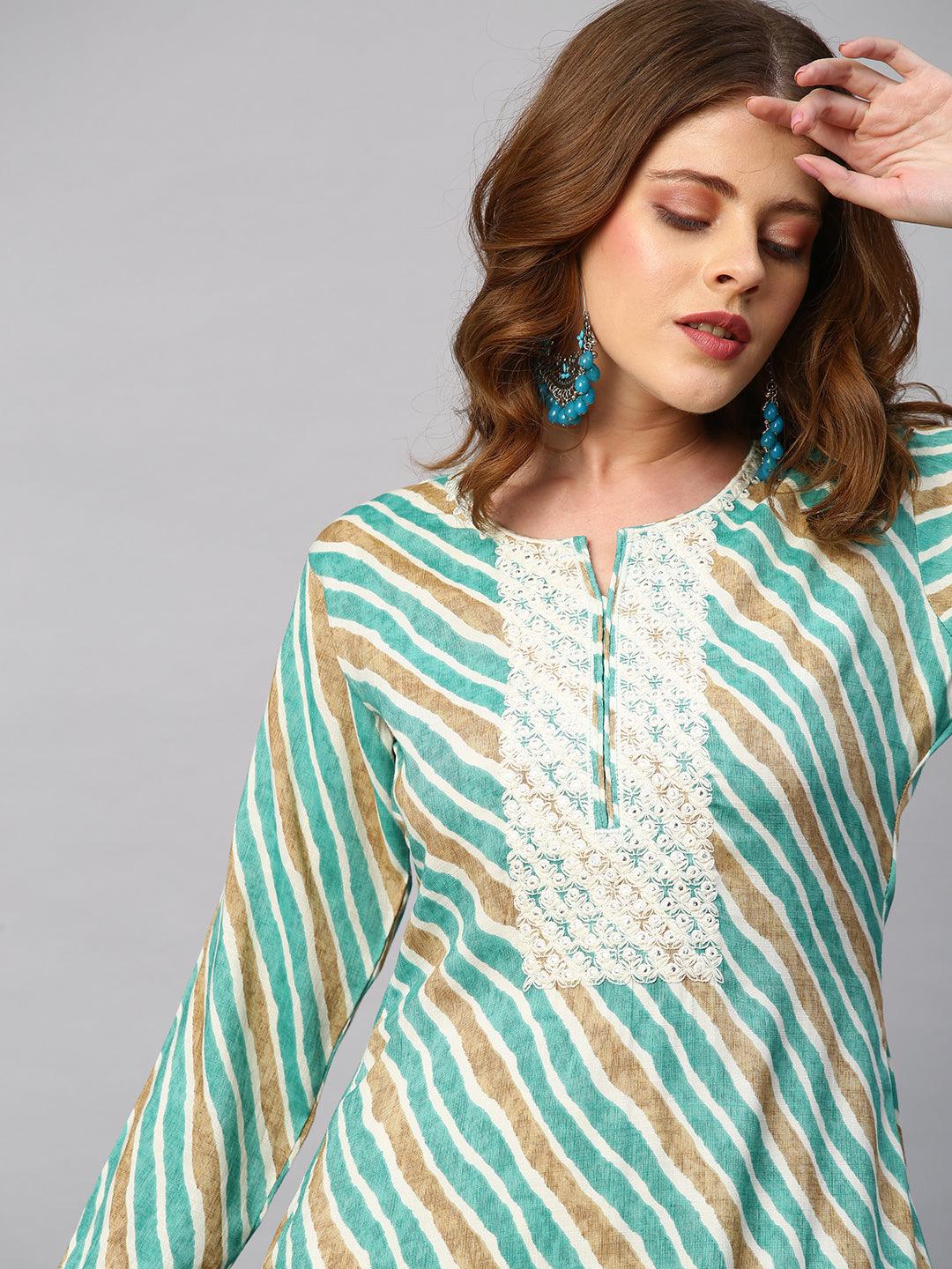 Leheriya Printed & Embroidered Straight Fit Kurta - Green - Indiakreations