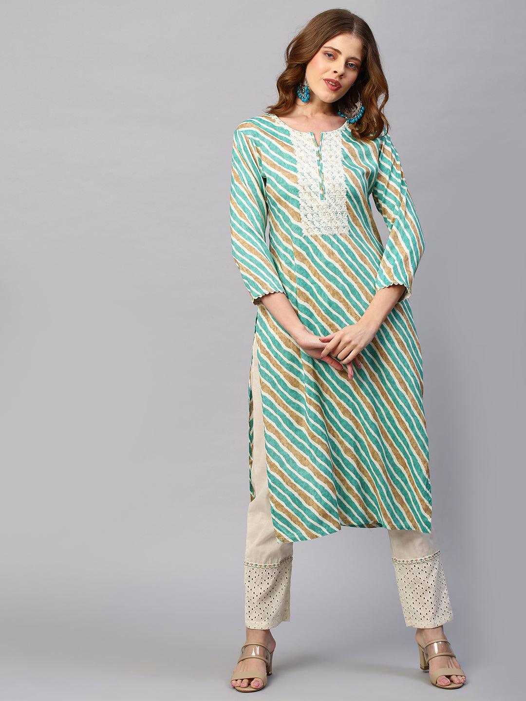 Leheriya Printed & Embroidered Straight Fit Kurta - Green - Indiakreations