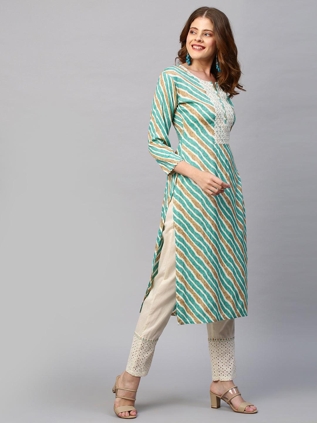 Leheriya Printed & Embroidered Straight Fit Kurta - Green - Indiakreations