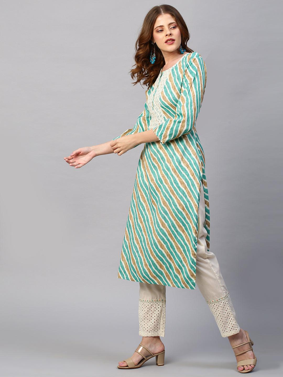 Leheriya Printed & Embroidered Straight Fit Kurta - Green - Indiakreations