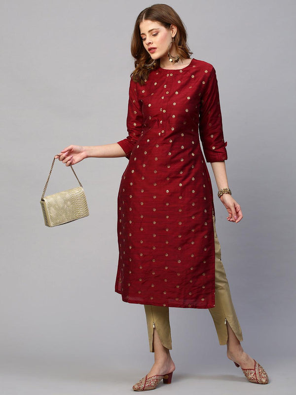 Dobby Woven Maroon Silk Straight Fit Kurta - Maroon - Indiakreations