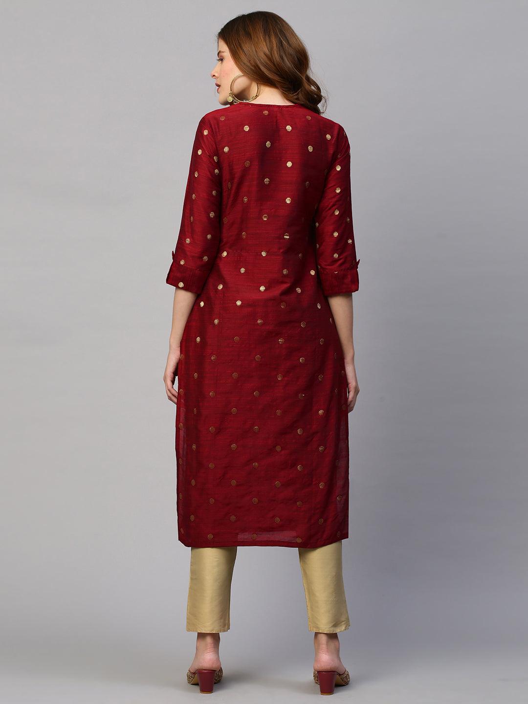 Dobby Woven Maroon Silk Straight Fit Kurta - Maroon - Indiakreations