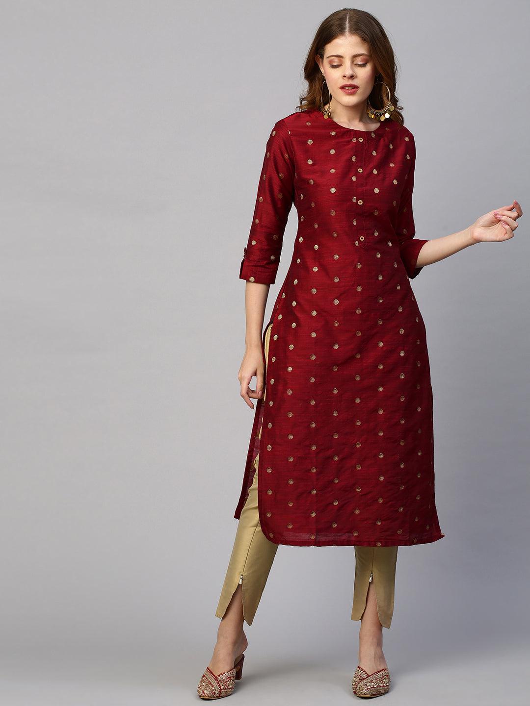 Dobby Woven Maroon Silk Straight Fit Kurta - Maroon - Indiakreations