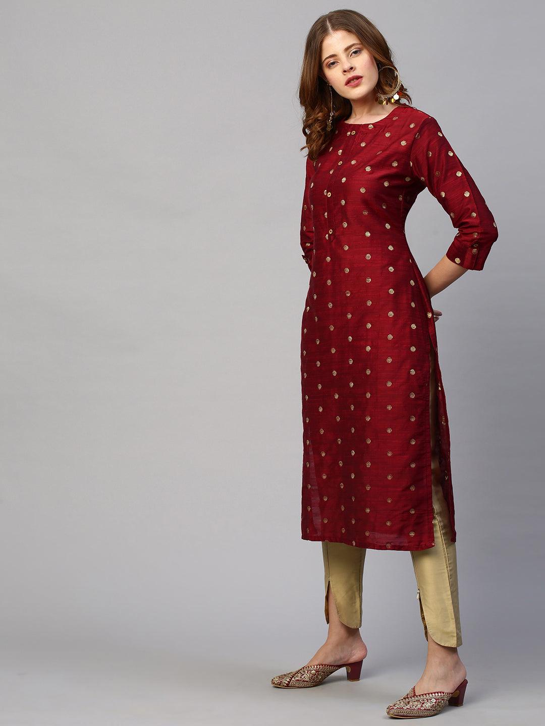 Dobby Woven Maroon Silk Straight Fit Kurta - Maroon - Indiakreations