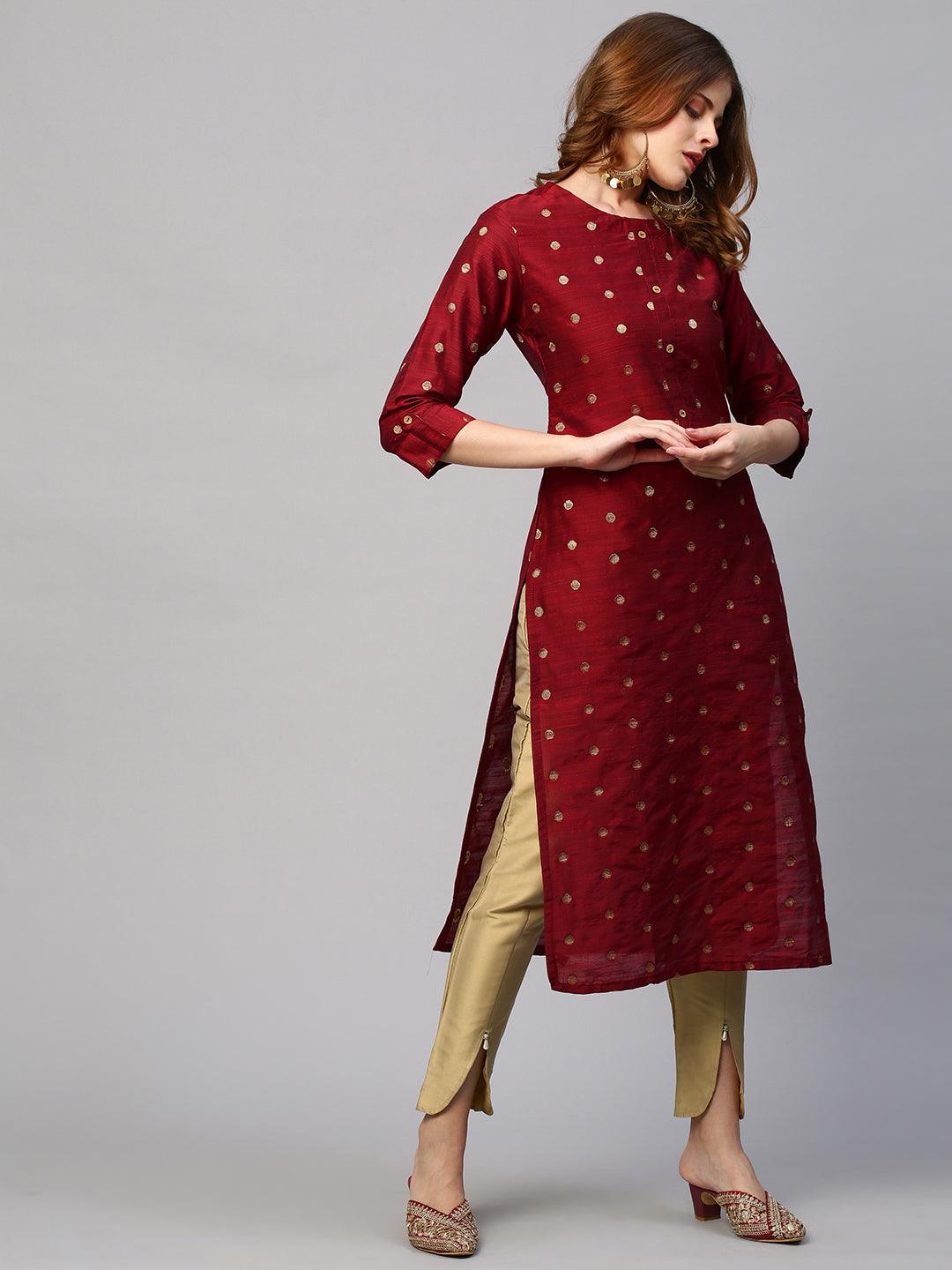 Dobby Woven Maroon Silk Straight Fit Kurta - Maroon - Indiakreations