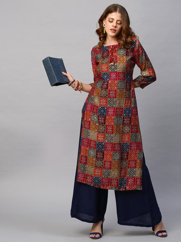 Bandhani Printed Straight Fit Kurta - Multi - Indiakreations