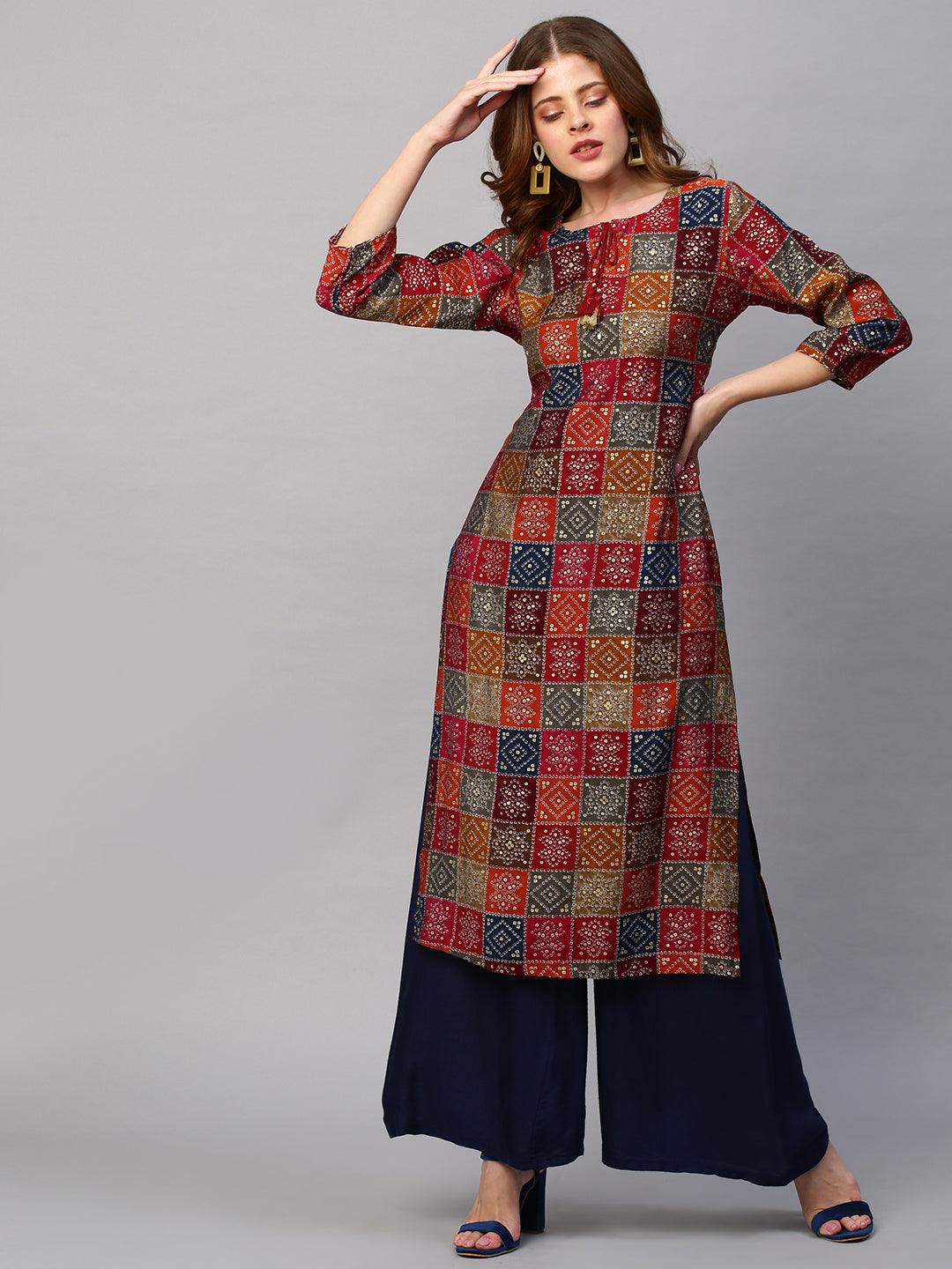 Bandhani Printed Straight Fit Kurta - Multi - Indiakreations