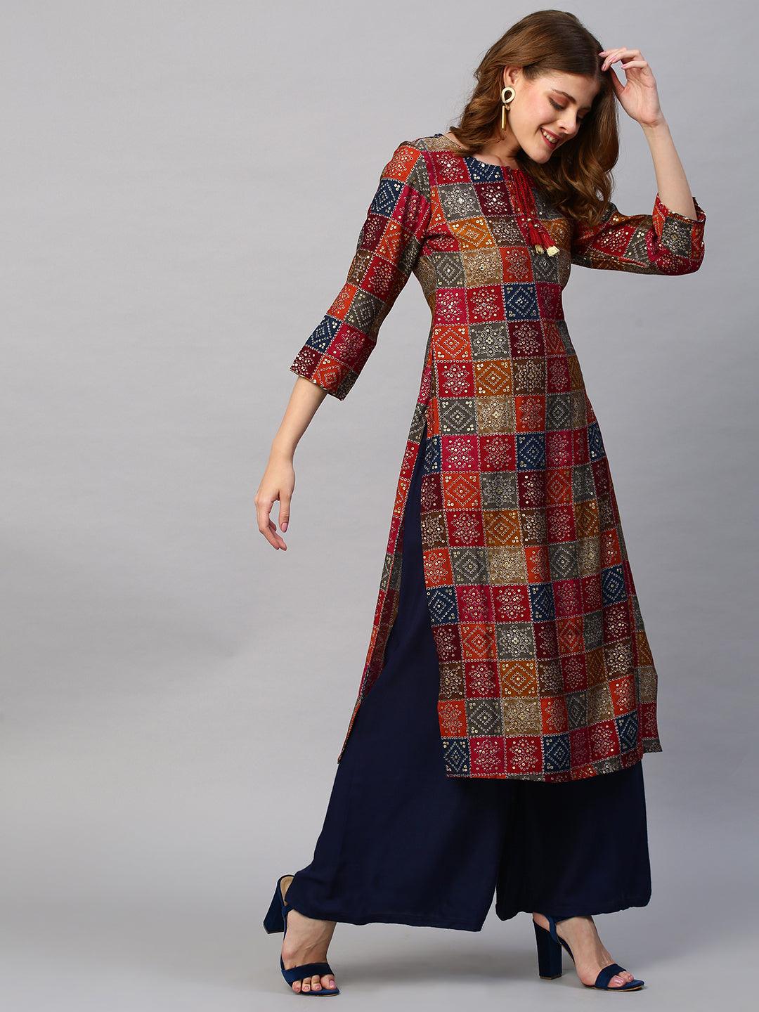 Bandhani Printed Straight Fit Kurta - Multi - Indiakreations