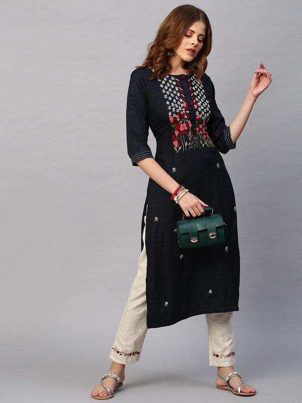 Floral Hand Embroidered Straight Kurta with Pants - Charcoal Gray - Indiakreations