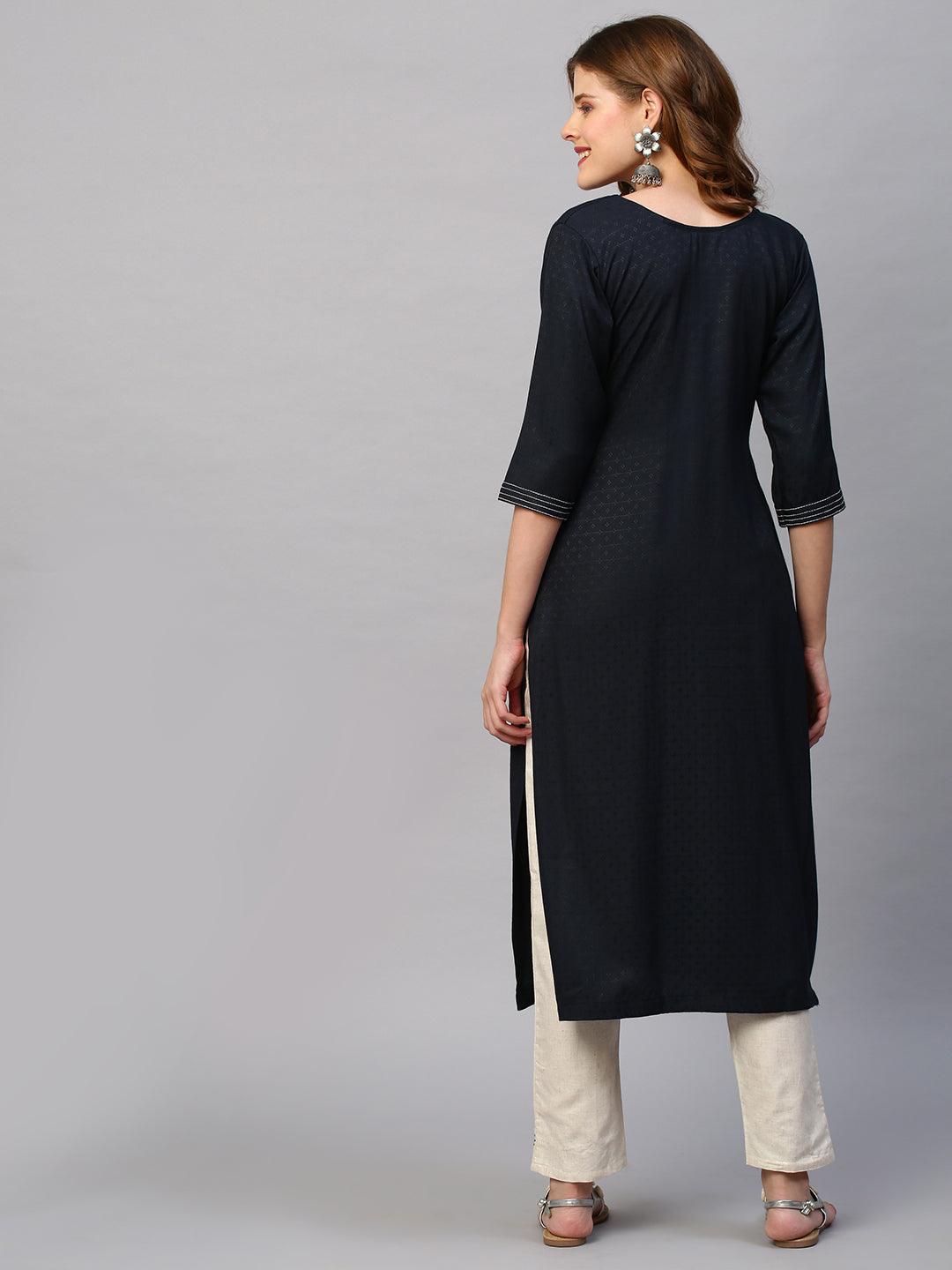 Floral Hand Embroidered Straight Kurta with Pants - Charcoal Gray - Indiakreations