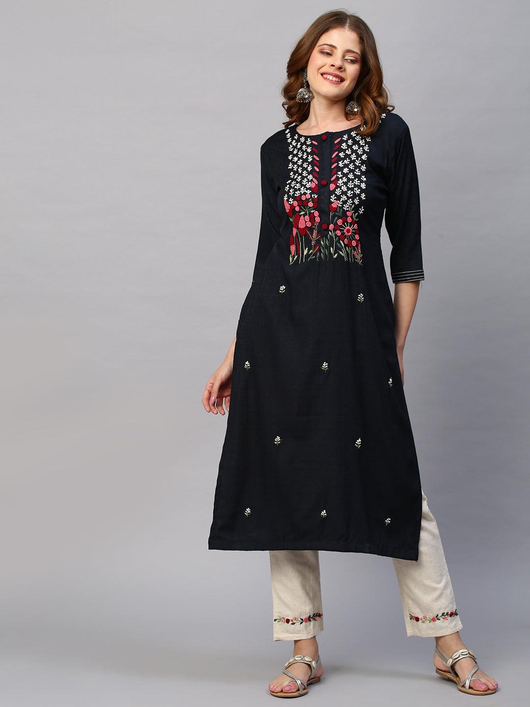 Floral Hand Embroidered Straight Kurta with Pants - Charcoal Gray - Indiakreations