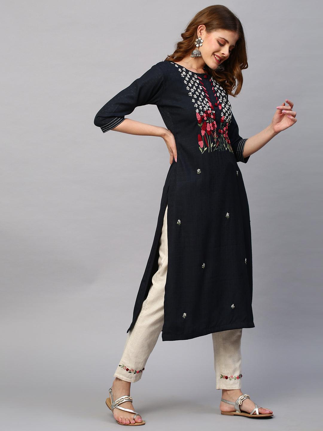 Floral Hand Embroidered Straight Kurta with Pants - Charcoal Gray - Indiakreations