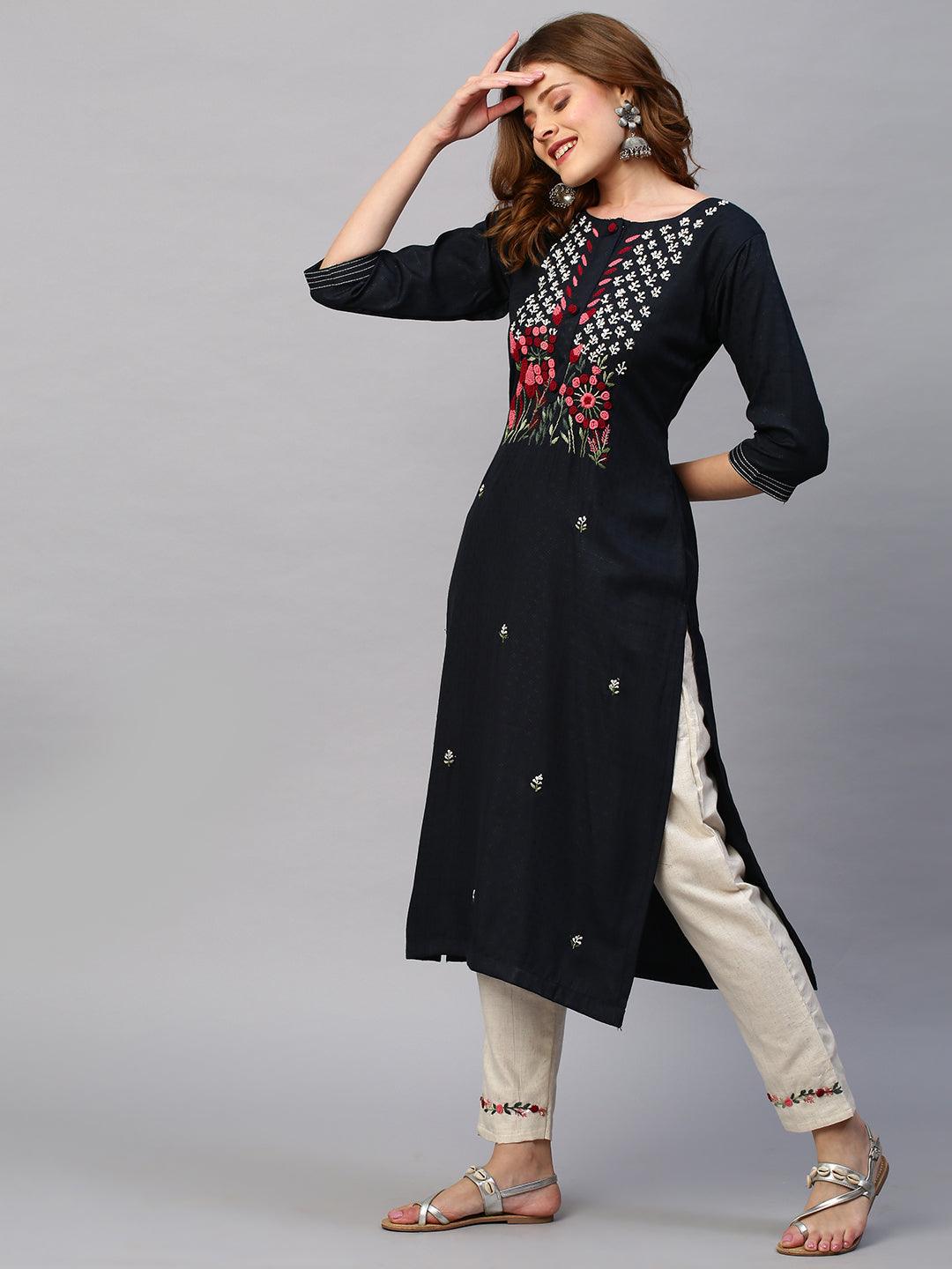 Floral Hand Embroidered Straight Kurta with Pants - Charcoal Gray - Indiakreations