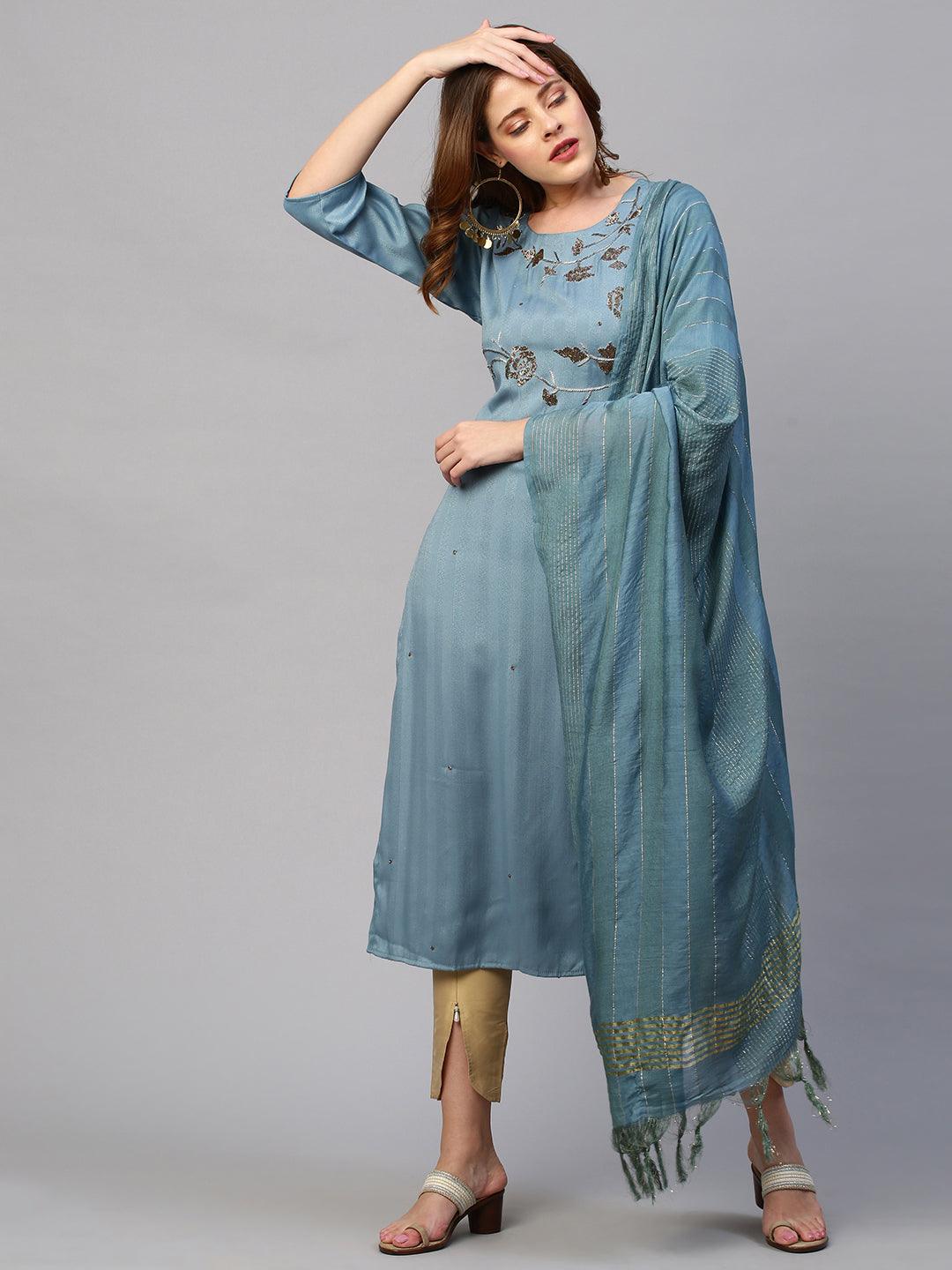 Floral Hand Embroidered Kurta with Lurex Stripes Dupatta - Powder Blue - Indiakreations