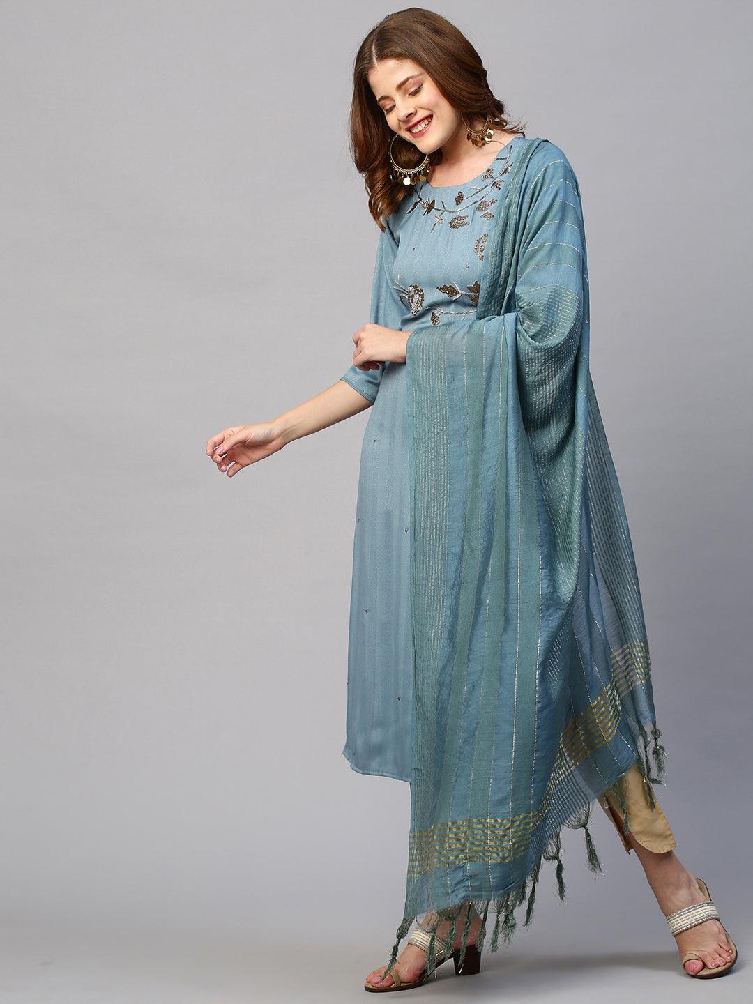 Floral Hand Embroidered Kurta with Lurex Stripes Dupatta - Powder Blue - Indiakreations