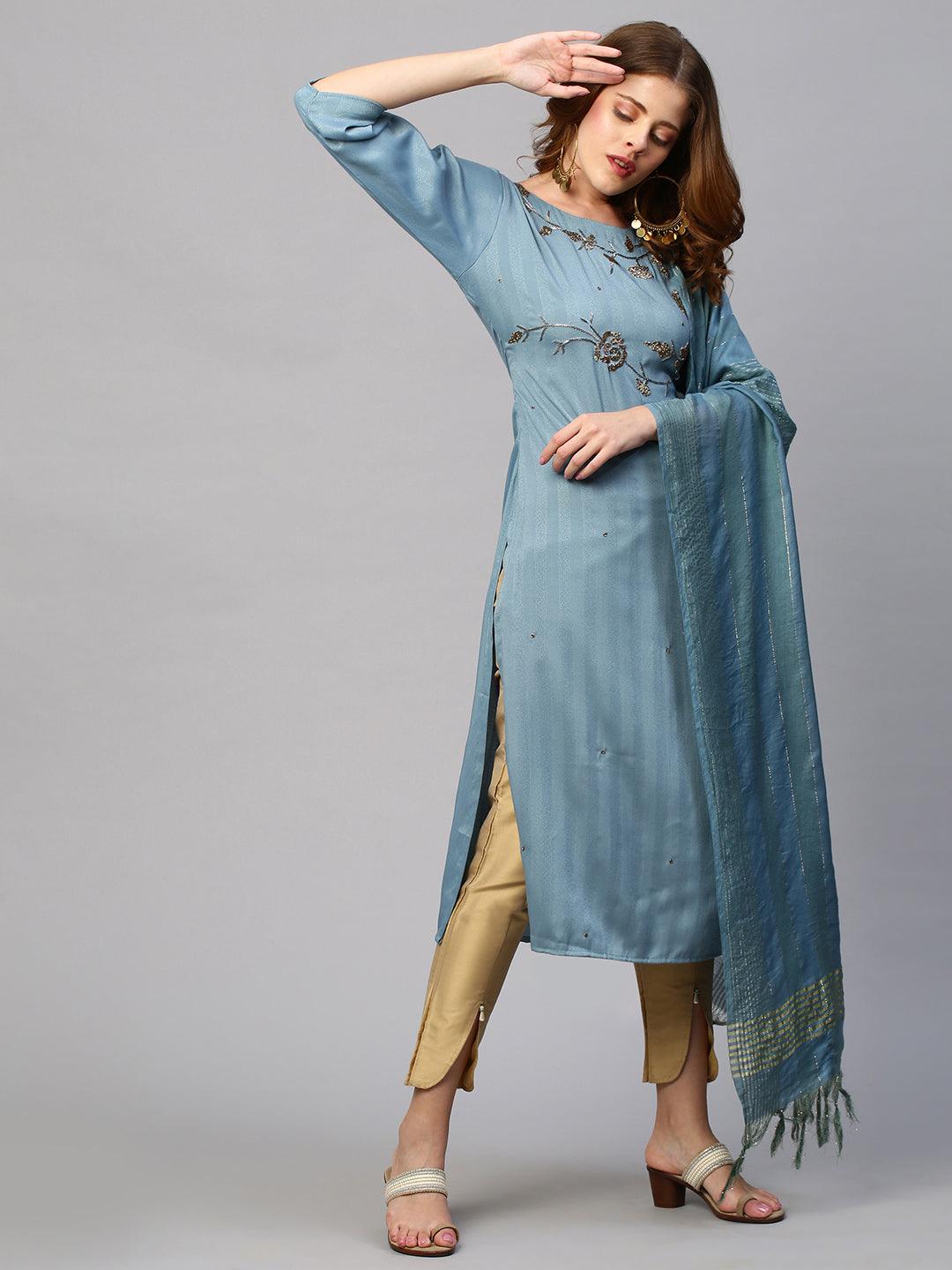 Floral Hand Embroidered Kurta with Lurex Stripes Dupatta - Powder Blue - Indiakreations