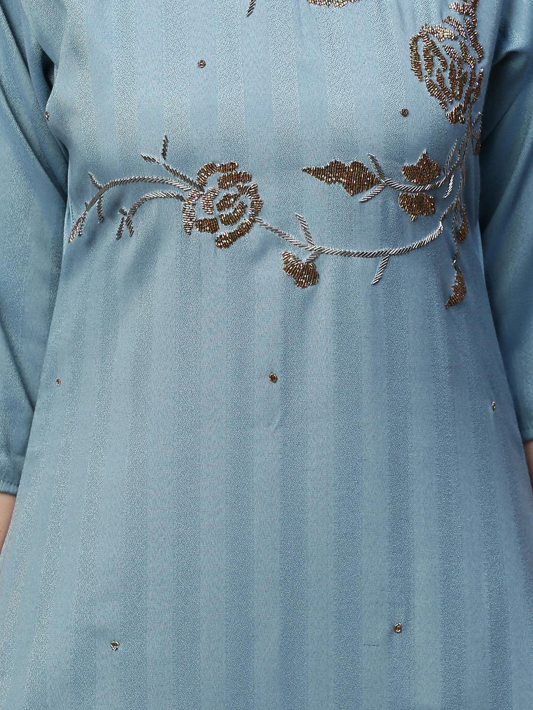 Floral Hand Embroidered Kurta with Lurex Stripes Dupatta - Powder Blue - Indiakreations