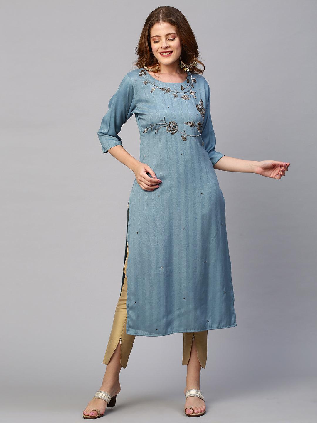 Floral Hand Embroidered Kurta with Lurex Stripes Dupatta - Powder Blue - Indiakreations