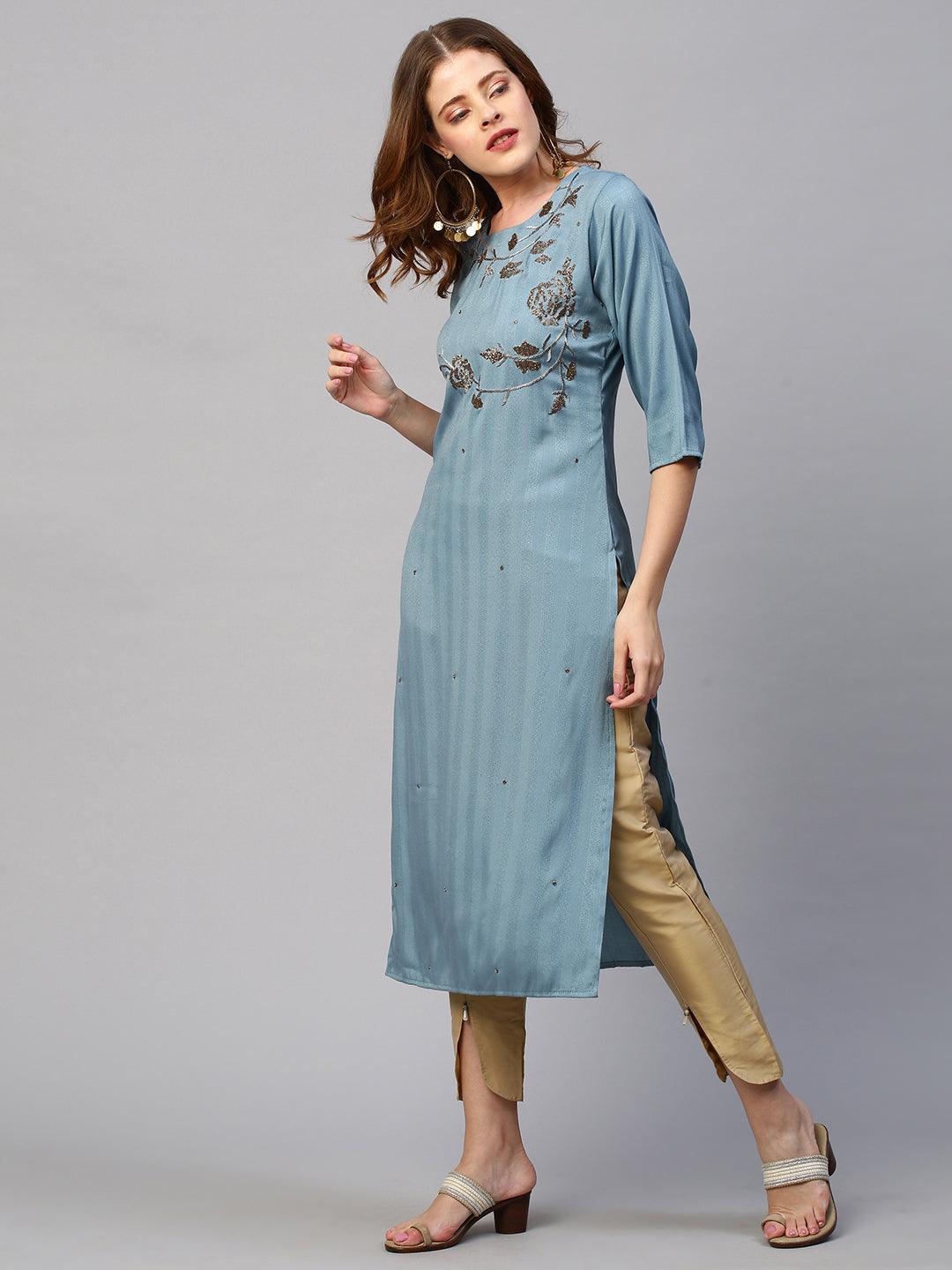 Floral Hand Embroidered Kurta with Lurex Stripes Dupatta - Powder Blue - Indiakreations