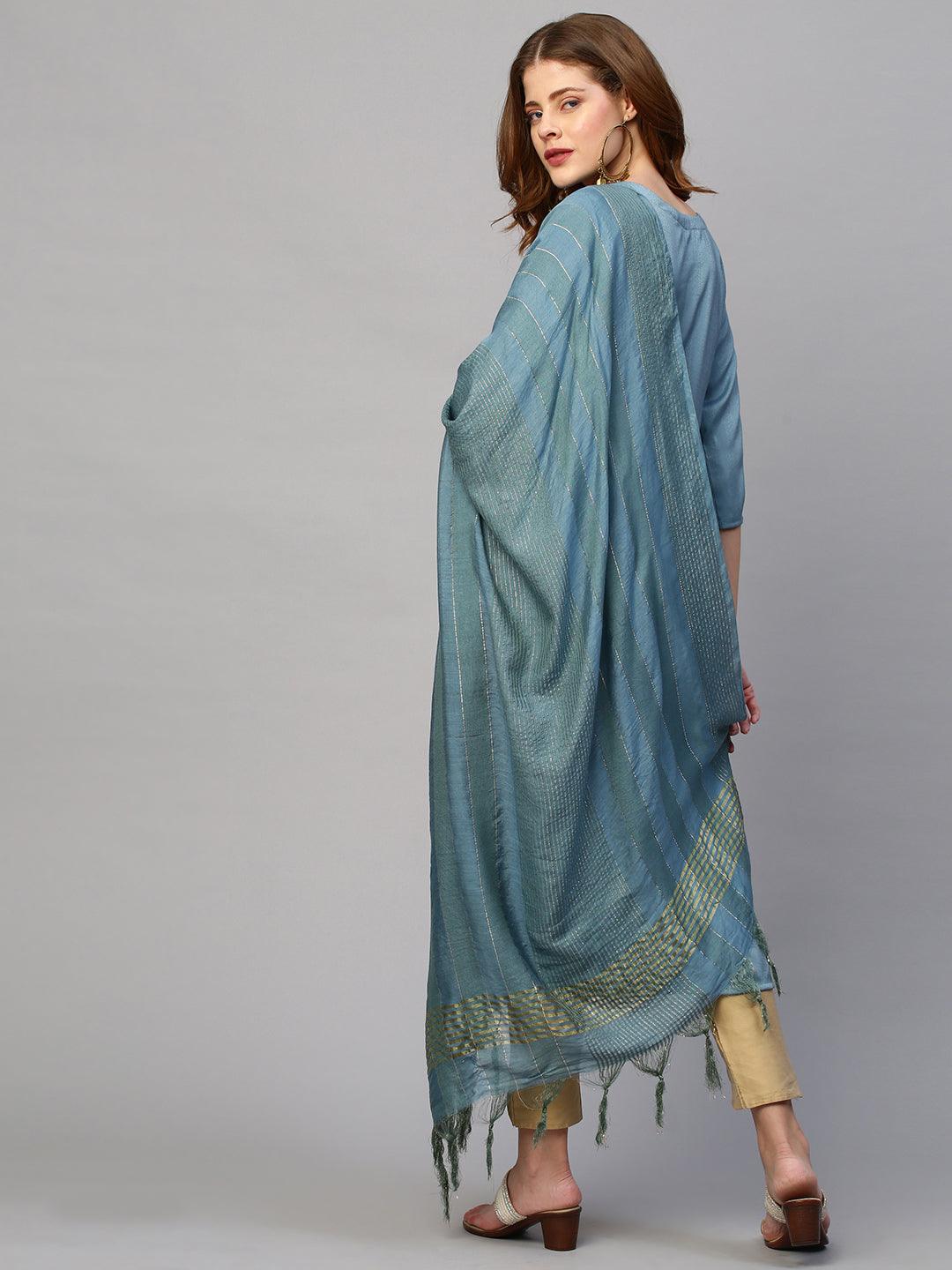 Floral Hand Embroidered Kurta with Lurex Stripes Dupatta - Powder Blue - Indiakreations