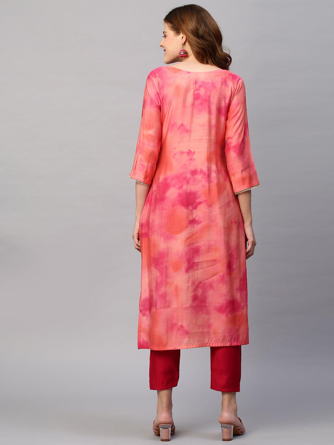 Tie - Dye Printed & Embroidered Straight Fit Kurta - Peach - Indiakreations