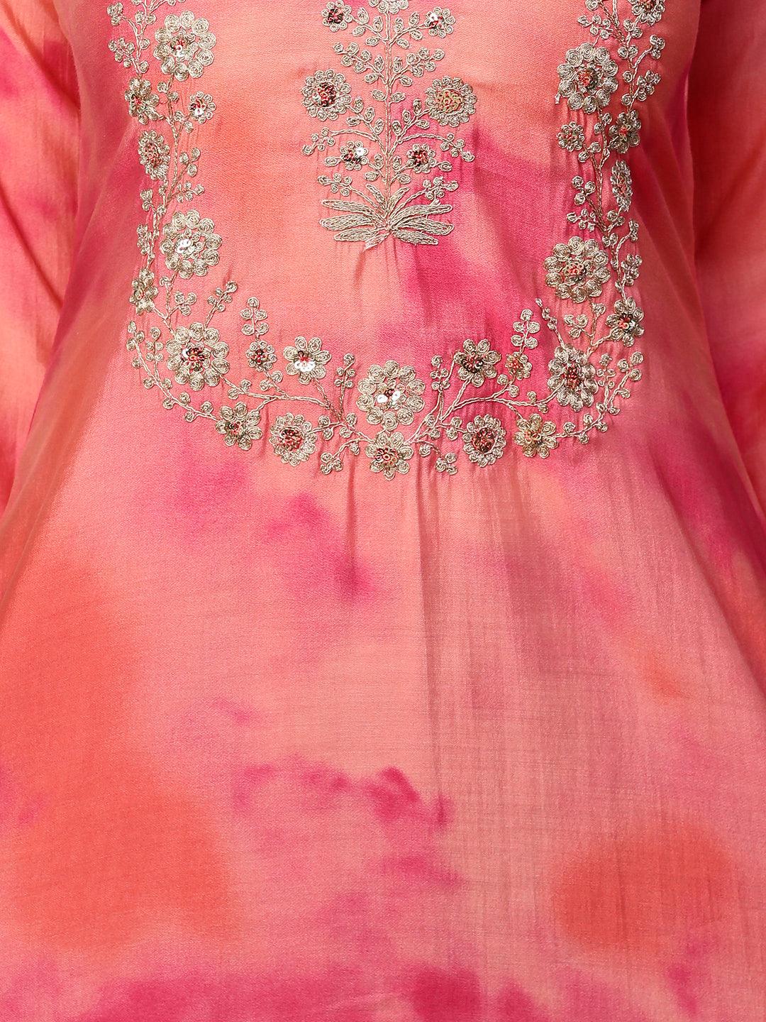 Tie - Dye Printed & Embroidered Straight Fit Kurta - Peach - Indiakreations