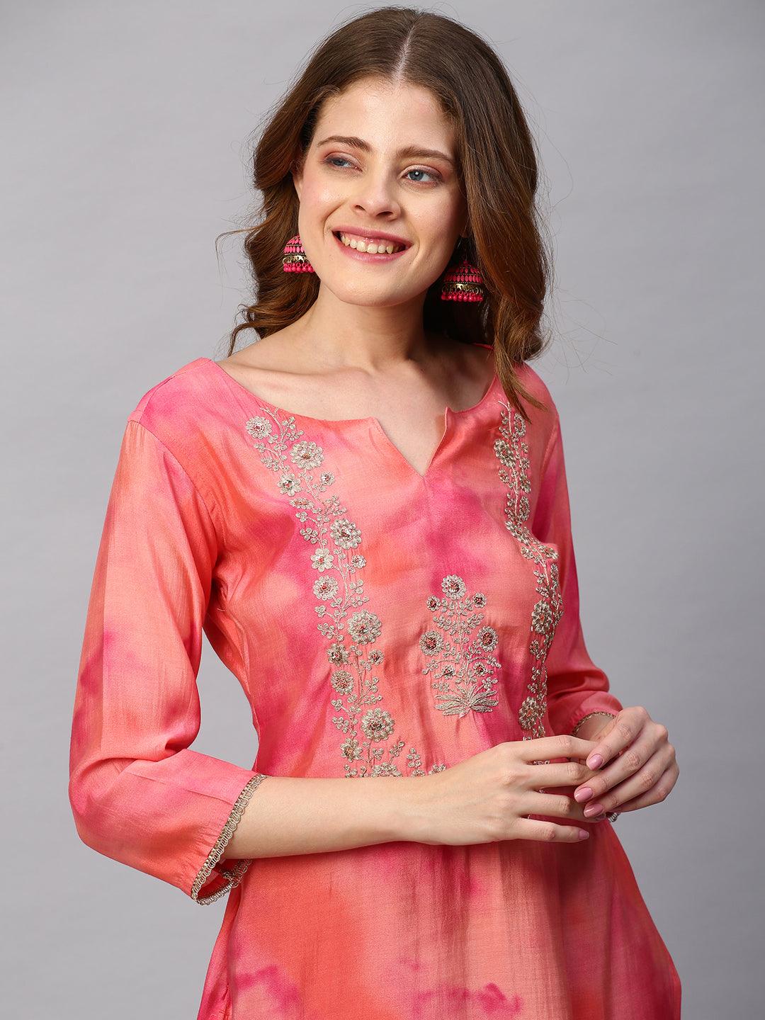 Tie - Dye Printed & Embroidered Straight Fit Kurta - Peach - Indiakreations