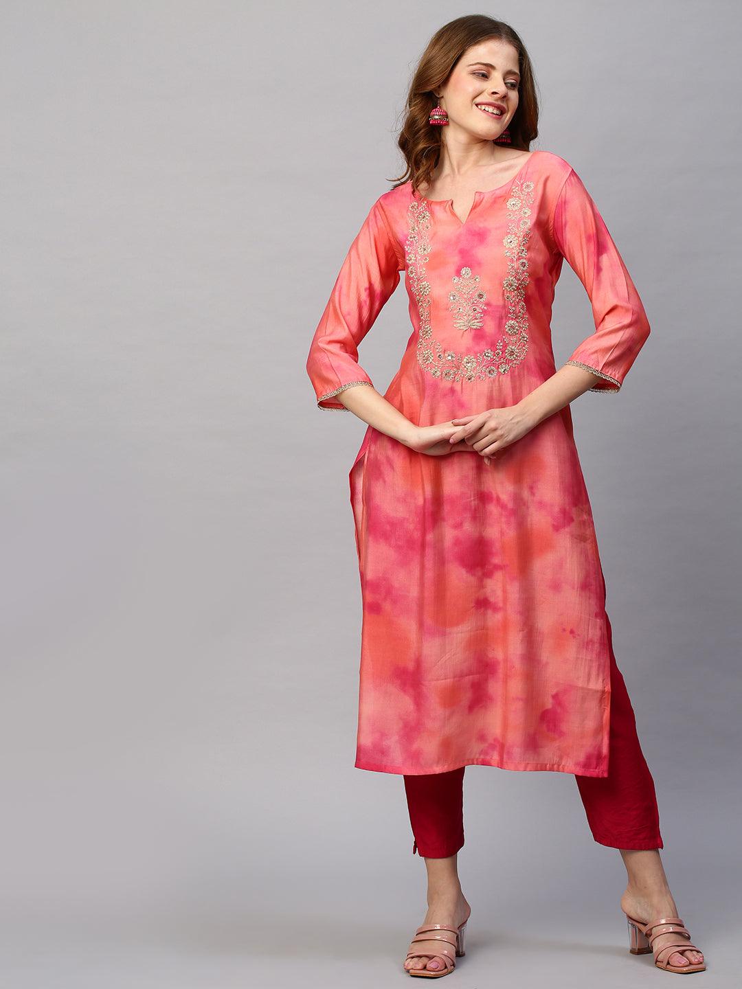 Tie - Dye Printed & Embroidered Straight Fit Kurta - Peach - Indiakreations