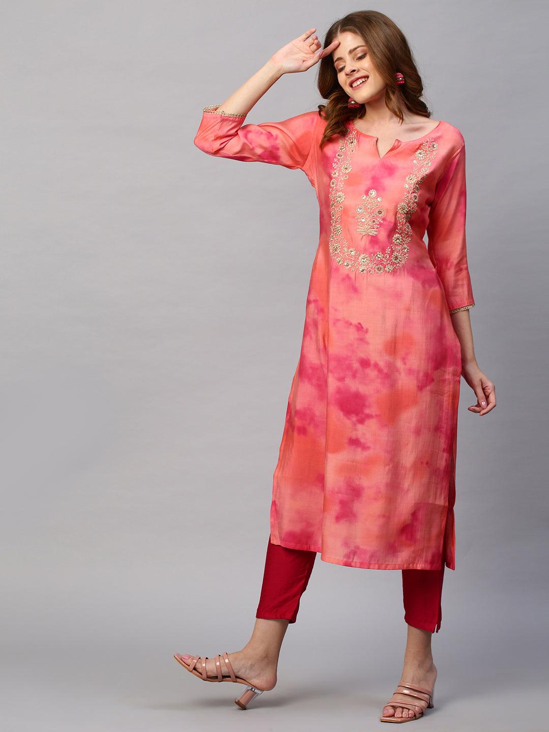 Tie - Dye Printed & Embroidered Straight Fit Kurta - Peach - Indiakreations