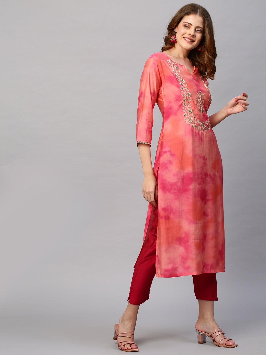 Tie - Dye Printed & Embroidered Straight Fit Kurta - Peach - Indiakreations