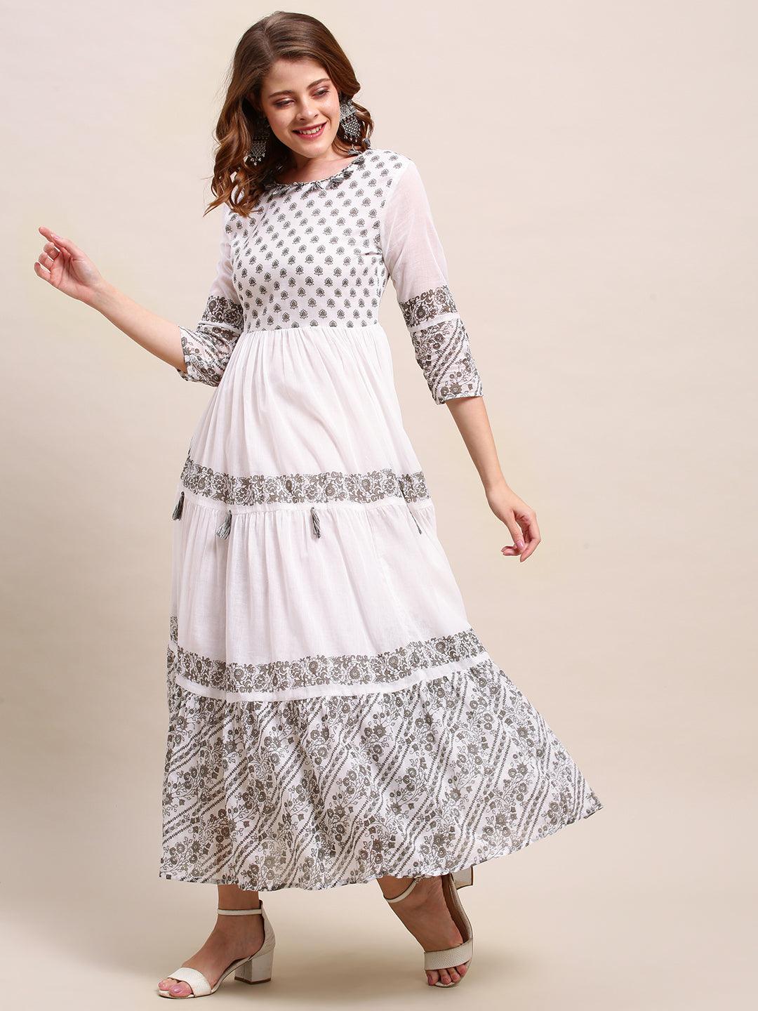 Floral Printed Tiered Maxi Flare Dress - White - Indiakreations