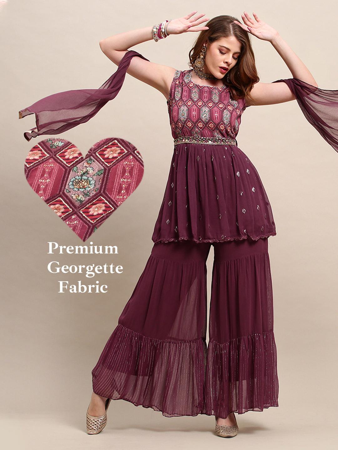 Embroidered & Floral Printed Peplum & Sharara with Dupatta & Belt - Wine - Indiakreations