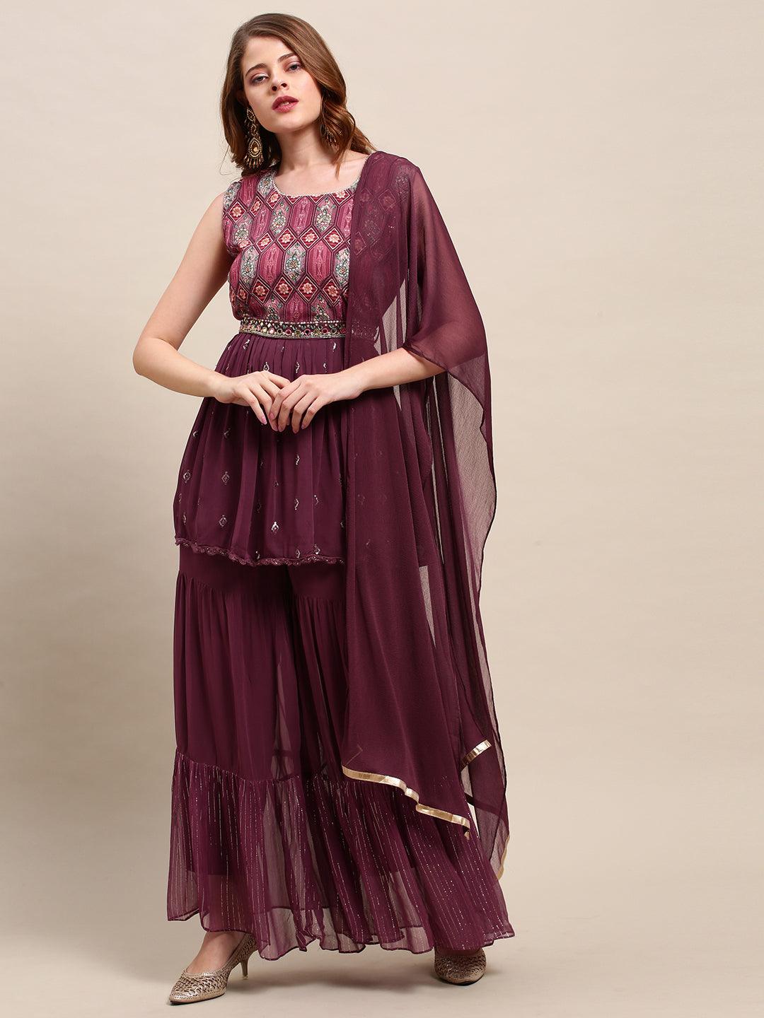 Embroidered & Floral Printed Peplum & Sharara with Dupatta & Belt - Wine - Indiakreations