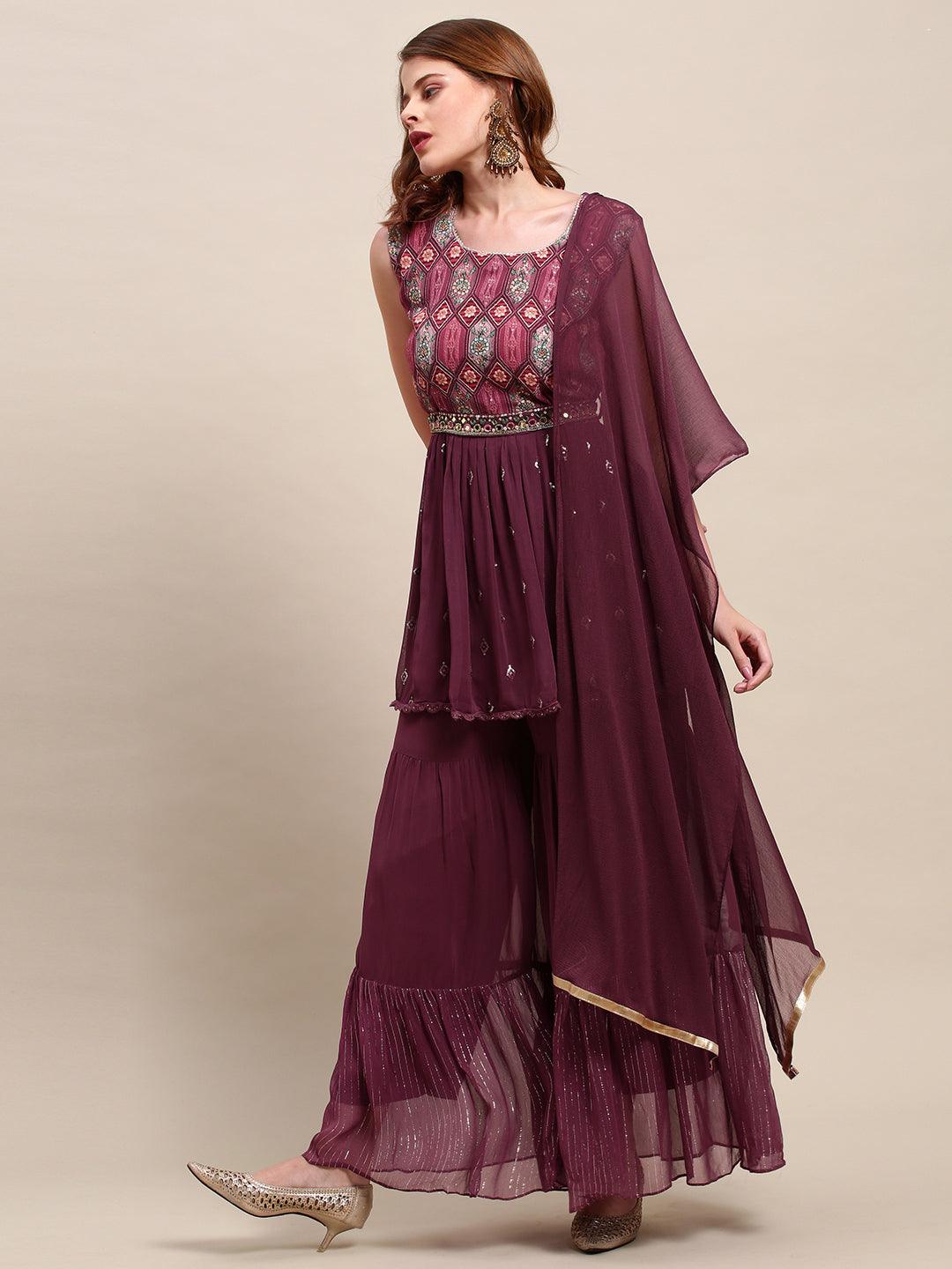 Embroidered & Floral Printed Peplum & Sharara with Dupatta & Belt - Wine - Indiakreations