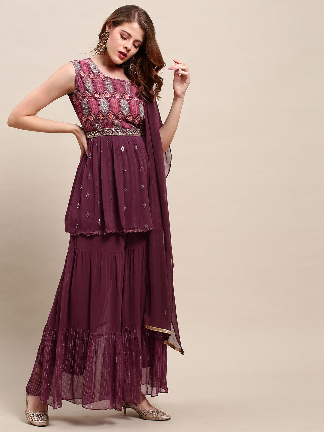 Embroidered & Floral Printed Peplum & Sharara with Dupatta & Belt - Wine - Indiakreations