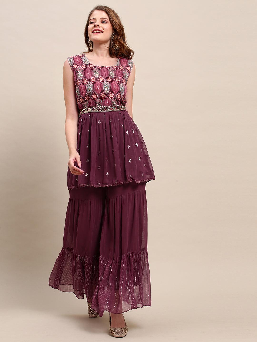 Embroidered & Floral Printed Peplum & Sharara with Dupatta & Belt - Wine - Indiakreations